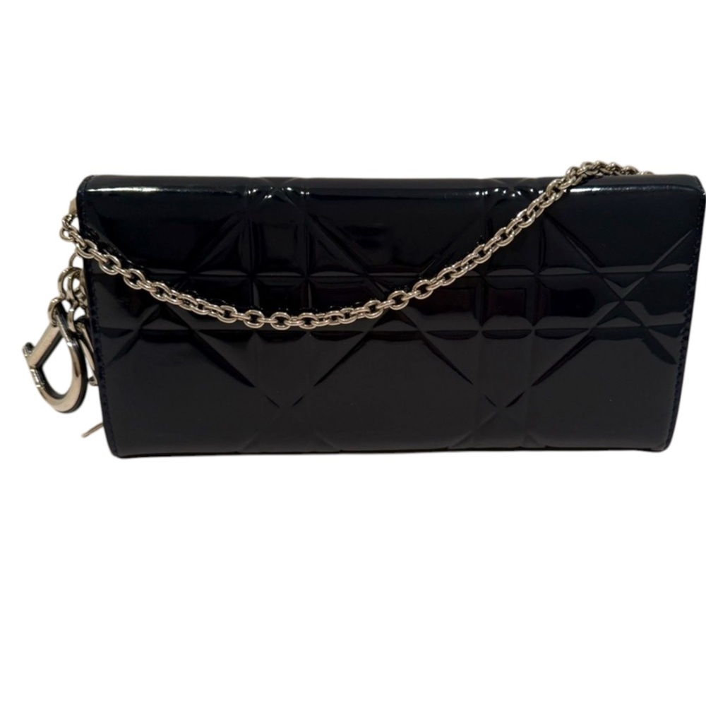 SOLD 🎉 Christian Lady Dior Navy Patent Leather Cannage Rendezvous Wallet Chain - Picture 1 of 13